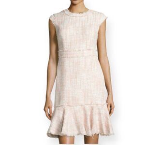 NANETTE LEPORE PASTEL TWEED FRAYED EDGE FLOUNCE DRESS PINK COPPER THREAD SIZE 16